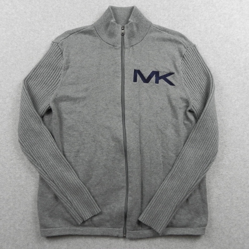 Michael Kors Sweater Mens Medium Full Zip Cardigan Mock Neck Gray Long Sleeve